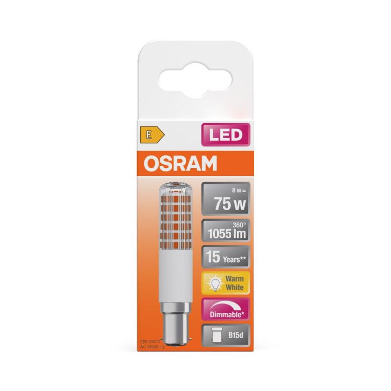 Aktion: Nur noch angezeigter Bestand verfügbar:   OSRAM B15d LED Lampe Special T SLIM dimmbar 2700K 8W wie 75W Kolbenform schlank